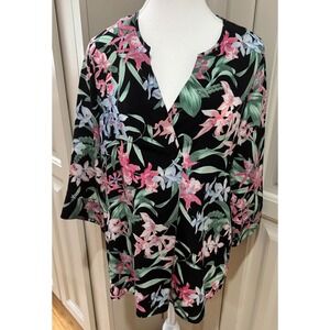 Tommy Bahama Silk Floral Blouse Top XS Black Pink Blue Green Tropical 3/4 Sleeve